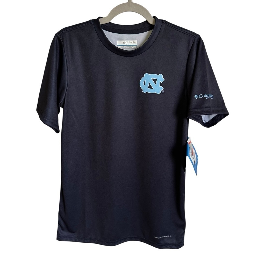 NWT‎ Columbia Boys Medium 10/12 PFG UNC Chapel Hill Omni Shade Short Sleeve Blue